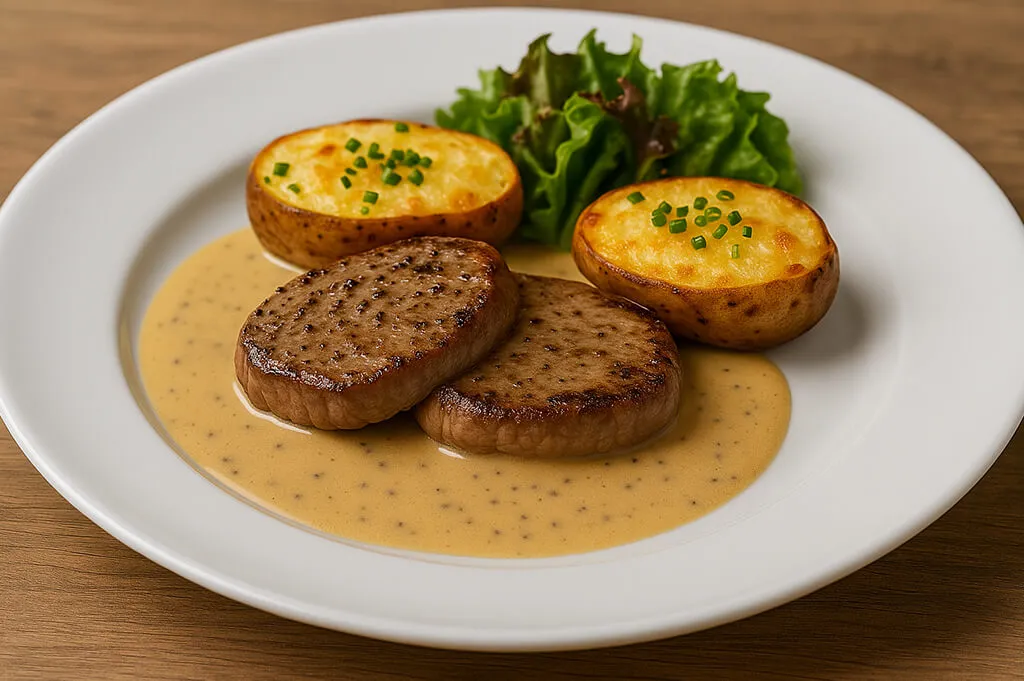 Medallón de lomo bañado en salsa a la pimienta, papas gratinadas con cebollín y ensalada fresca