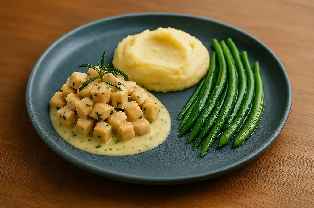 Pollo al estragón en cubos con salsa cremosa, puré de papa y habichuelas enteras con mantequilla y limón
