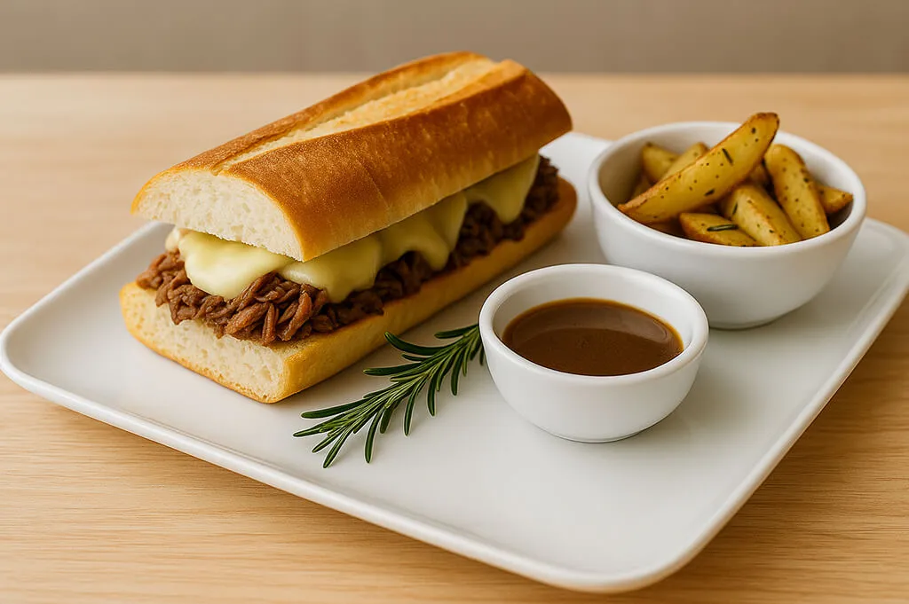 Sánduche de carne desmechada en baguette cortado en V, queso fundido y papas en casco con romero