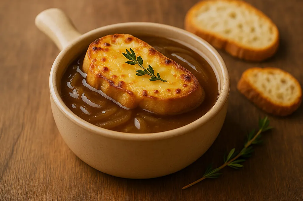 Sopa francesa de cebolla gratinada con gouda y baguette, en cazuela de loza con tomillo
